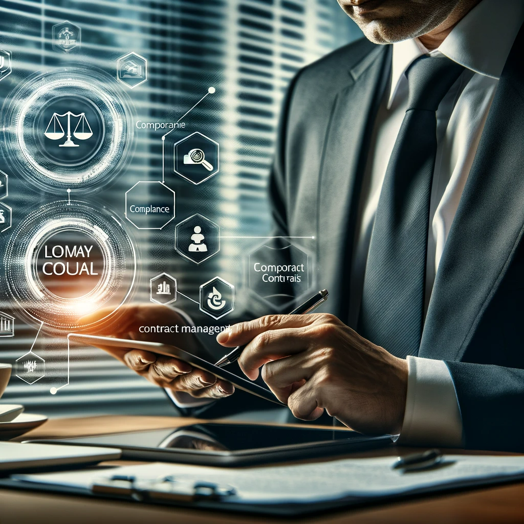 A seasoned legal counsel in a corporate setting, reviewing a complex contract on a digital tablet, with symbols of corporate law, compliance, and contract management in the background.